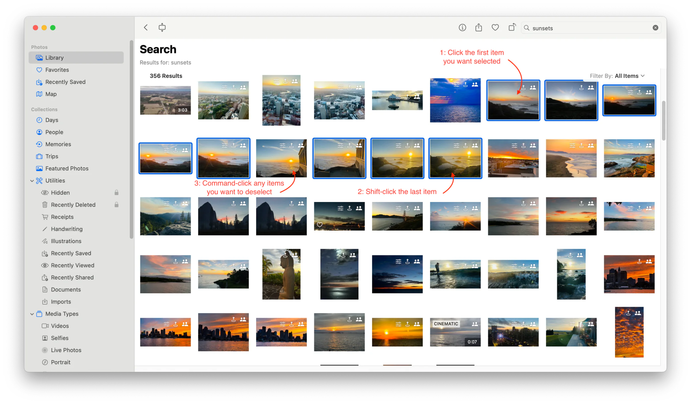 Finder search results showing a range extended by Shift-clicking a later file