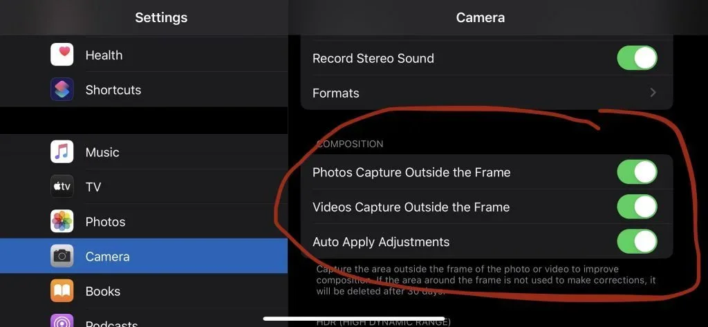 Turn on "Capture Outside the Frame" for Photos and Videos if you want this feature enabled.