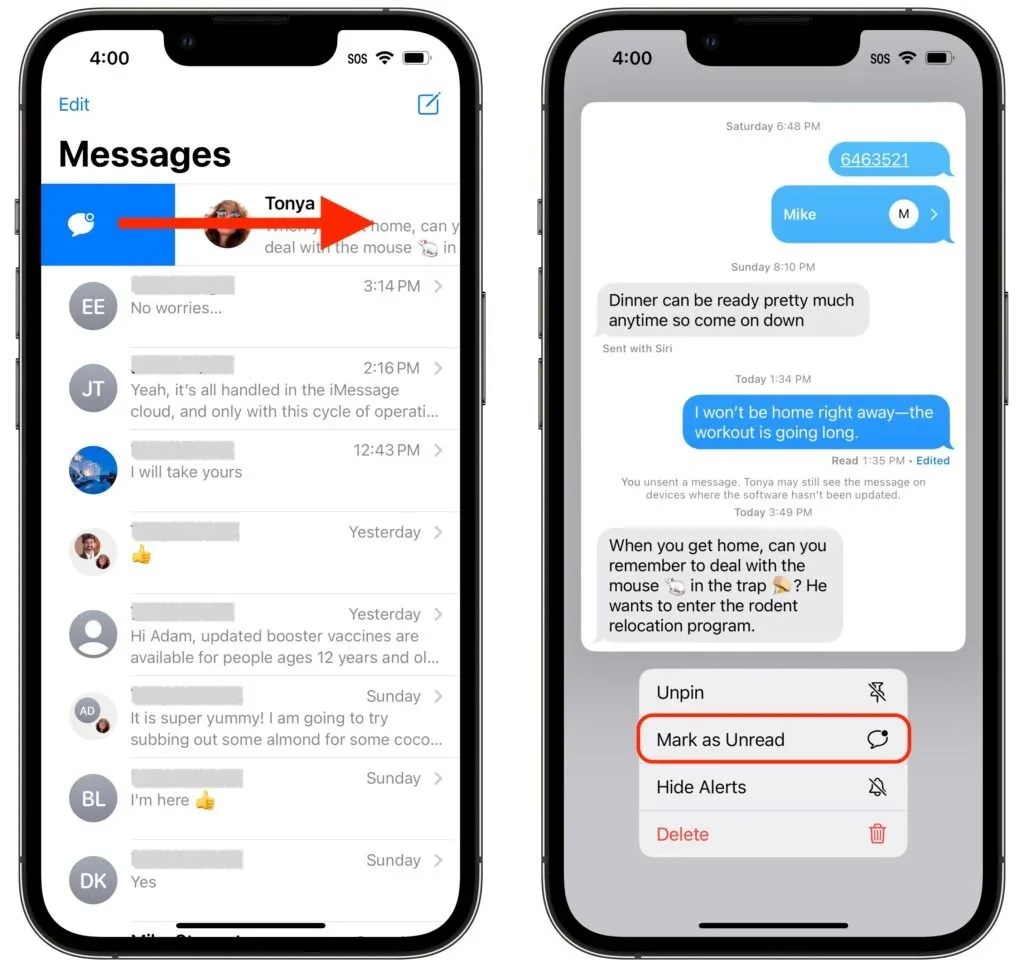 iPhone Messages screens showing the Mark as Unread command