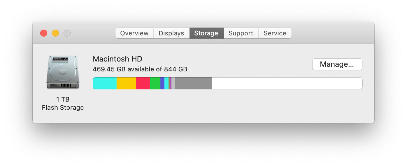 macOS 12 About This Mac storage display showing 375 GB used of 844 GB