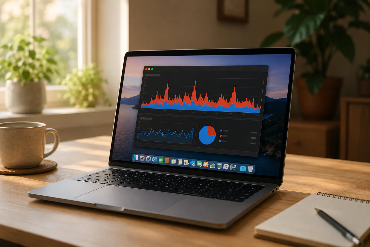 A MacBook displaying performance graphs and system activity charts