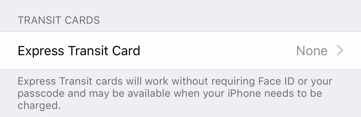 iPhone Wallet Express Transit Card setting