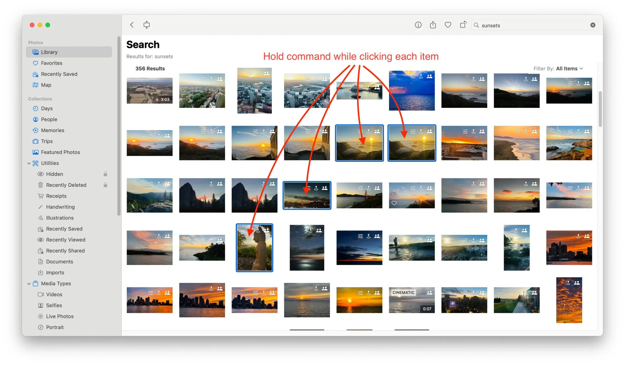 Finder search results with arrows showing separate files selected using the Command key