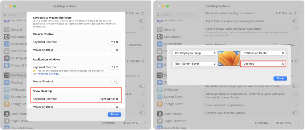 Mac Desktop settings showing a keyboard shortcut for revealing the desktop