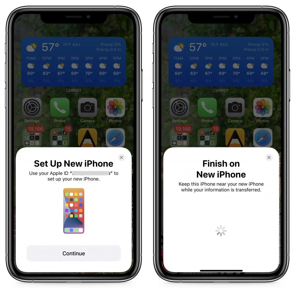 Two iPhones showing Set Up New iPhone and Finish on New iPhone prompts