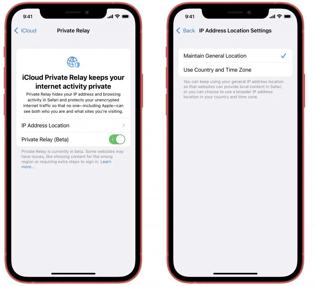 Two iPhone screens showing iCloud Private Relay settings and IP Address Location choices