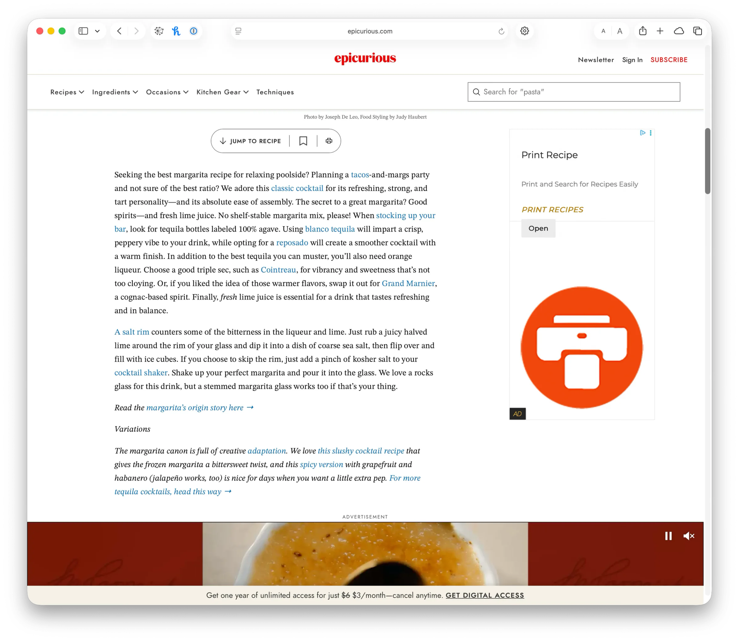 Epicurious recipe page showing a misleading "Print recipe" advertisement for an unrelated app
