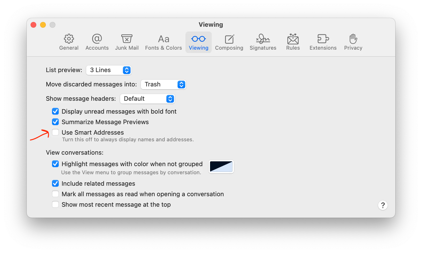 Apple Mail Viewing settings with Use Smart Addresses highlighted