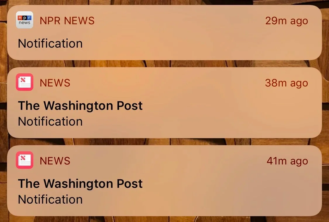 Apple device screenshot showing news NPR NEWS Notification