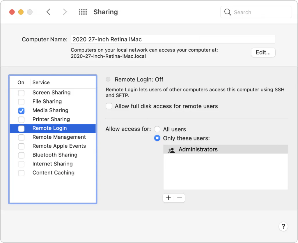 Mac Sharing settings listing services such as Screen Sharing, File Sharing, and Remote Login
