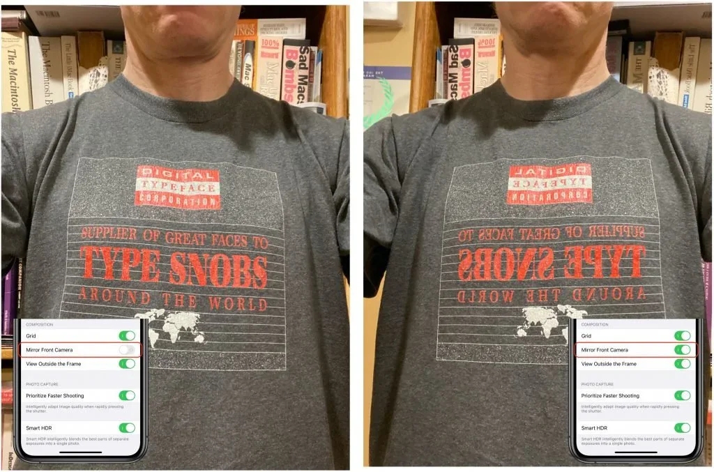 Comparison showing how mirroring the front camera makes shirt text appear backward