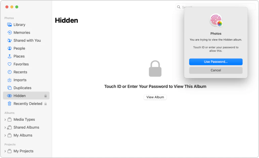 Mac Photos Hidden album with a lock and the Photos privacy prompt