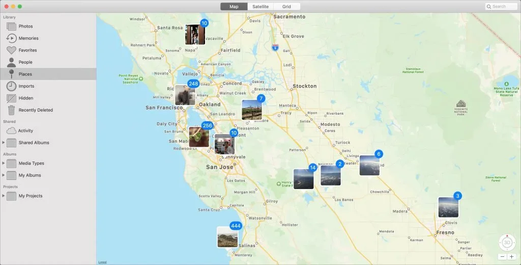 Photos app Places map with photo thumbnails around San Francisco