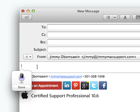 Mac Mail compose window with the Dictation microphone control