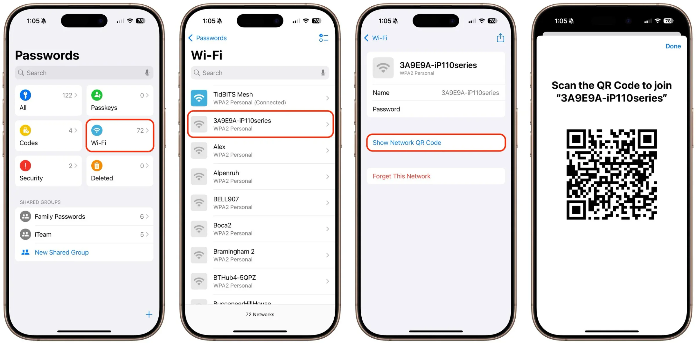 Four iPhone screens showing how to create and share a Wi-Fi password QR code