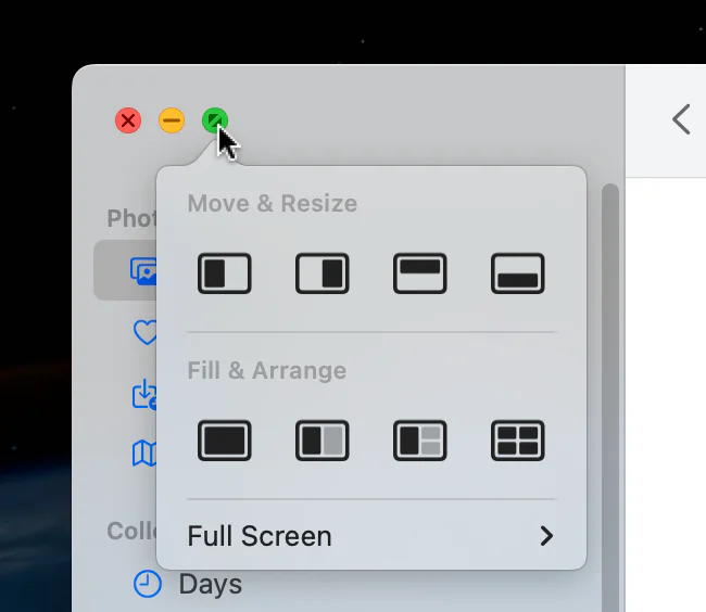 Mac window's green button menu showing Move and Resize layout choices