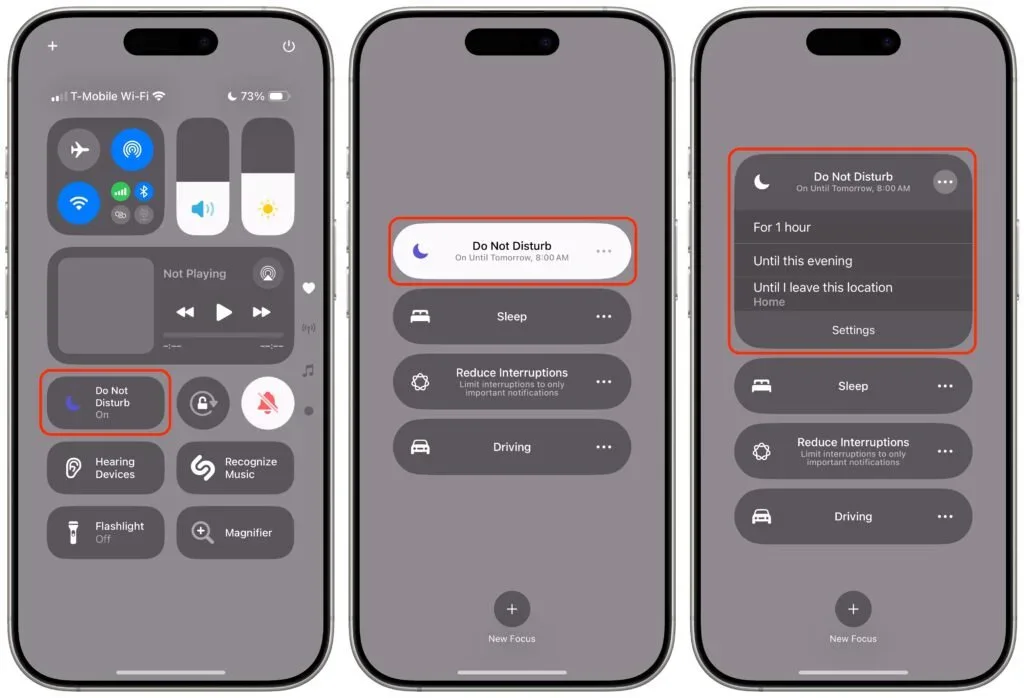 Three iPhone Control Center screens showing Focus modes and their options