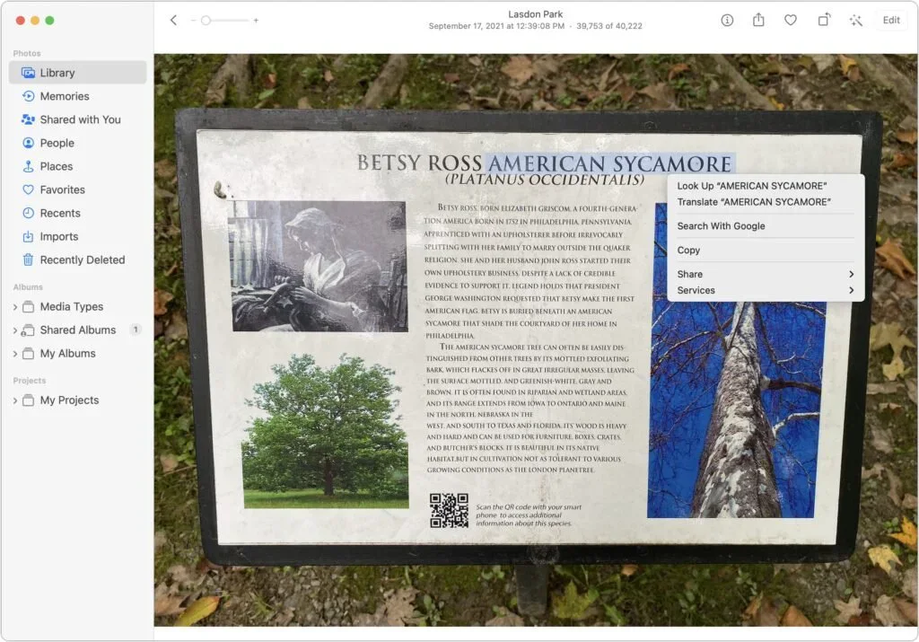 Mac Photos displaying selectable text from a photographed outdoor sign