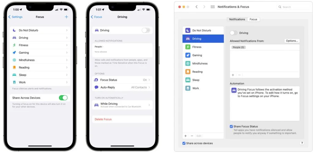 Do Not Disturb settings shown on iPhone, iPad, and Mac