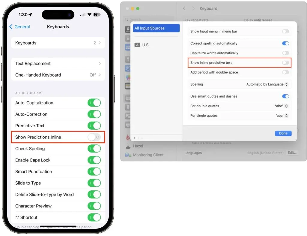 screenshot showing Keyboards Text Replacement One-Handed Keyboard
