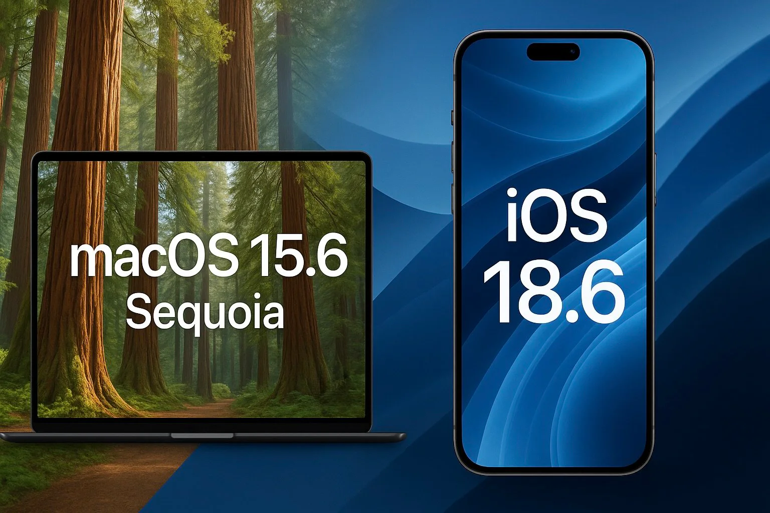 MacBook and iPhone labeled macOS 15.6 Sequoia and iOS 18.6