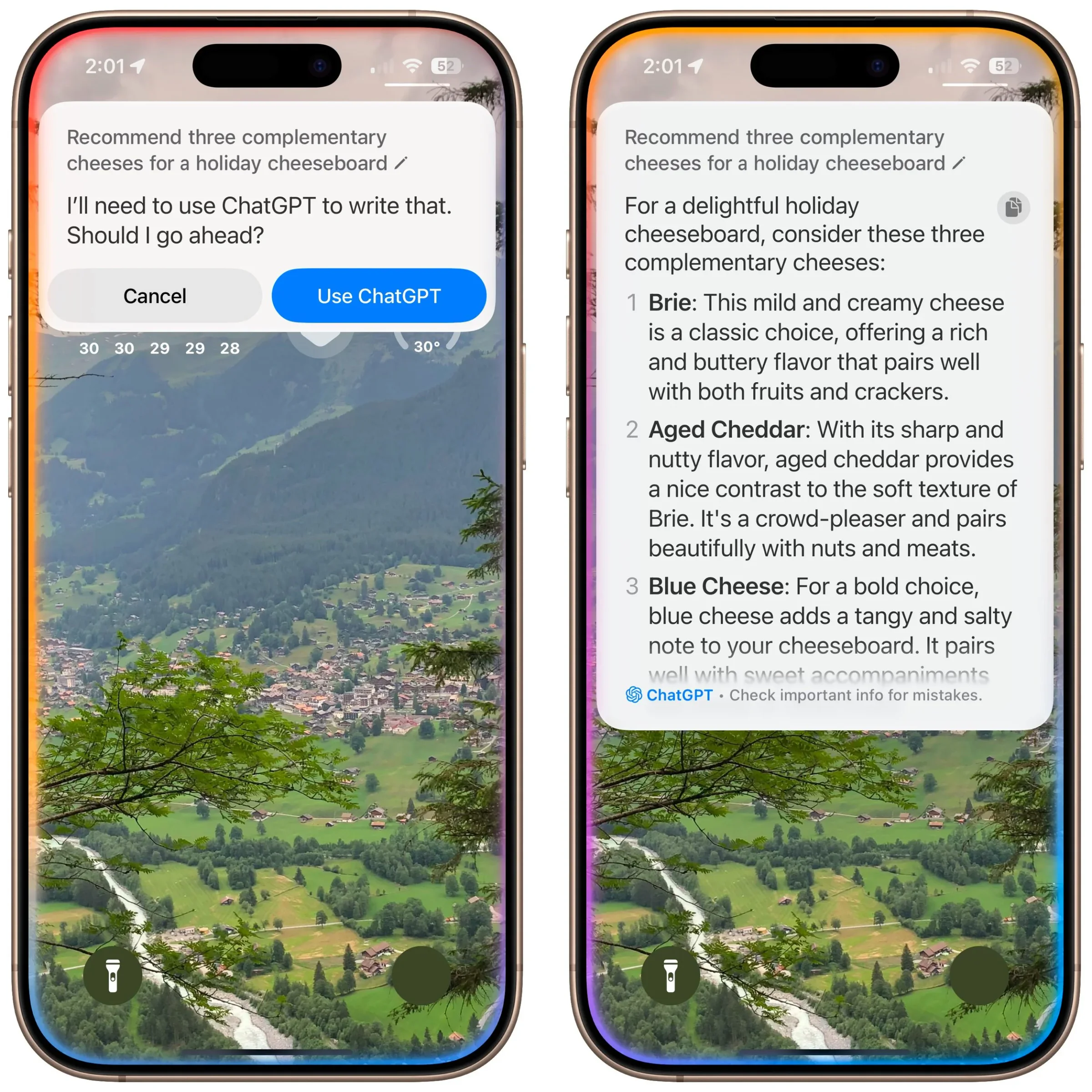 Two iPhones showing Siri offering and then displaying a ChatGPT response