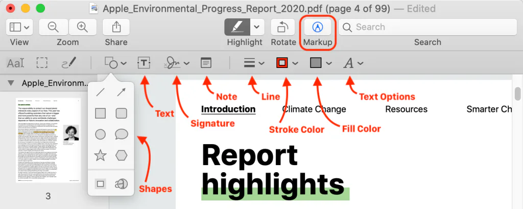 screenshot showing Apple_Environmental_Progress_Report_2020.pdf (page 4 of 99) - Edited Q Search View