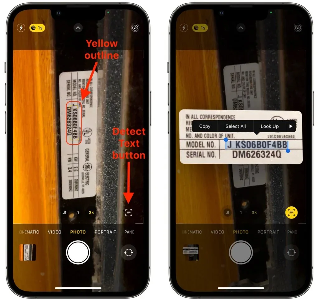 iPhone Camera recognizing a serial number with the Detect Text button