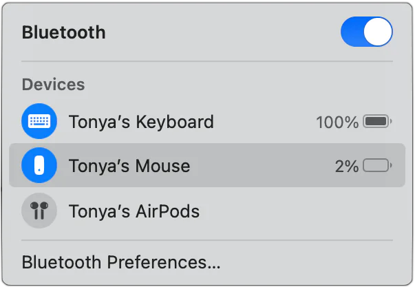Mac Bluetooth menu showing battery levels for a keyboard, mouse, and AirPods