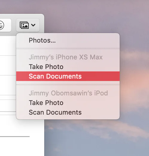 Apple Mail attachment menu with Scan Documents highlighted under a connected iPhone