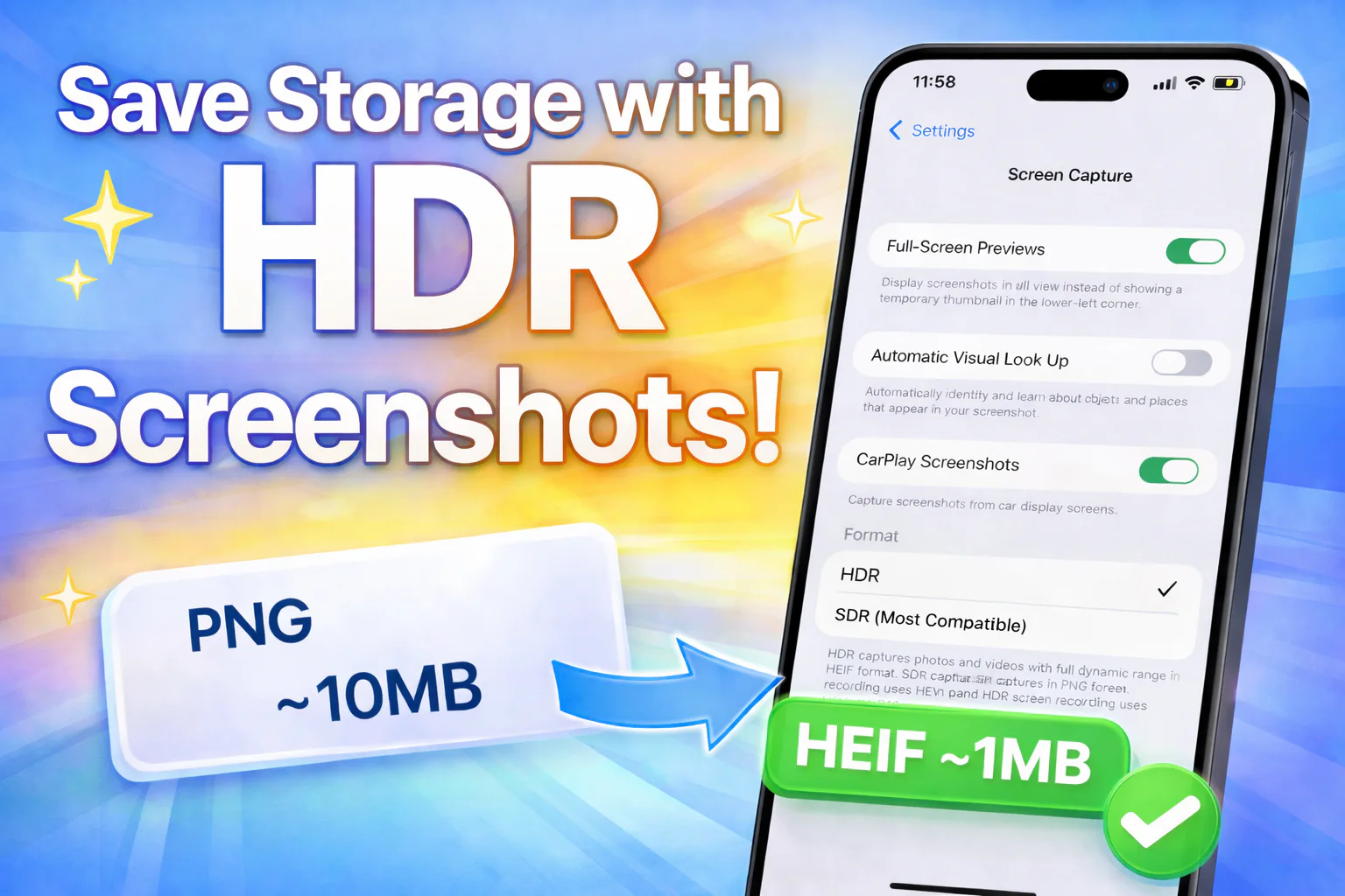 Graphic comparing a roughly 10 MB PNG screenshot with a roughly 1 MB HEIF screenshot