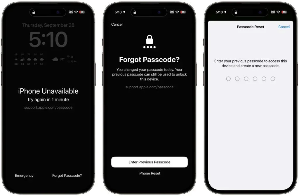 Three iPhone screens showing the Forgot Passcode and previous-passcode recovery process