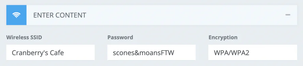 Wi-Fi QR code form with network name, password, and encryption fields