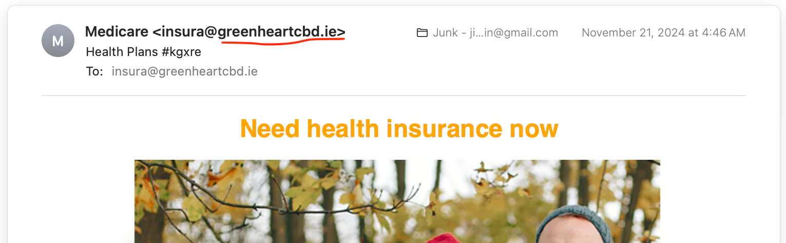 A suspicious health insurance email with the sender's full email address visible