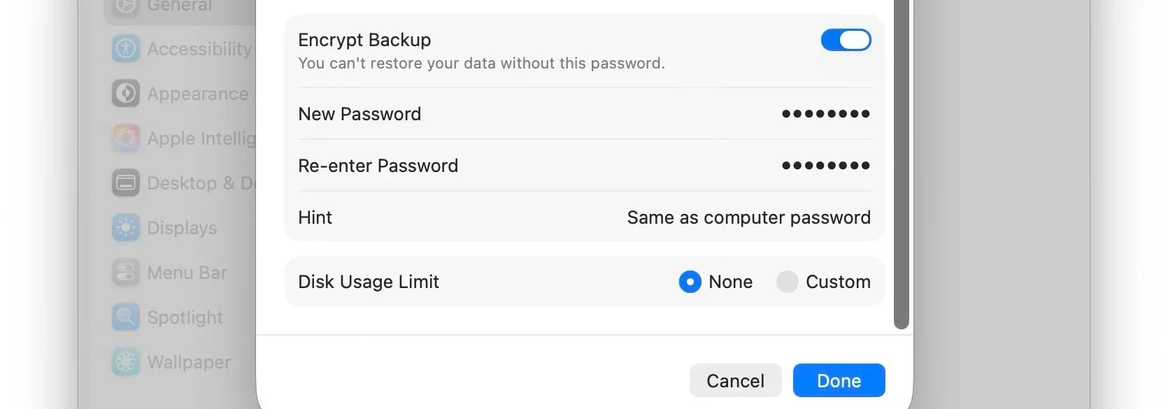 Mac screenshot showing Accessibility Appearance Apple Intellig