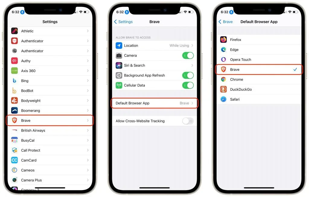Three iPhone screens showing Brave settings and the Default Browser App menu