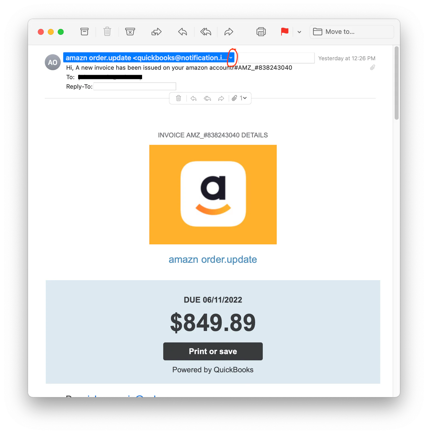 screenshot showing - Move to... amazn order.update <quickbooks@notification.i... Hi, A new invoice has been issued on your