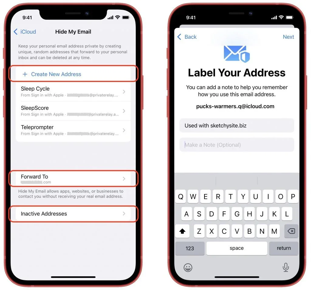 Two iPhone screens showing Hide My Email options and creation of a random email address