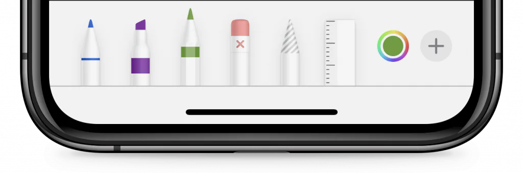 iPhone Markup toolbar with pens, eraser, ruler, colors, and additional tools