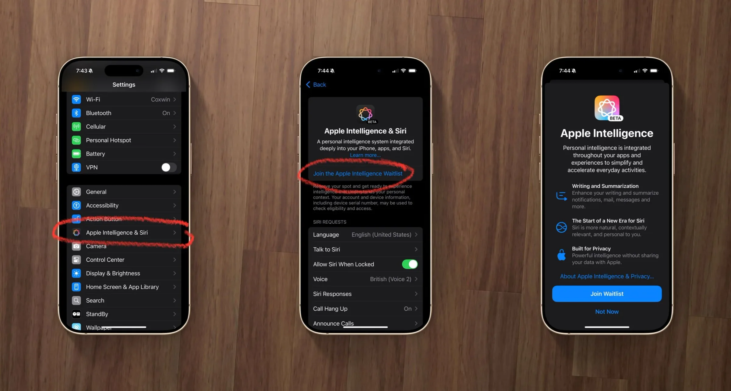 Three iPhones showing the steps to enable Apple Intelligence