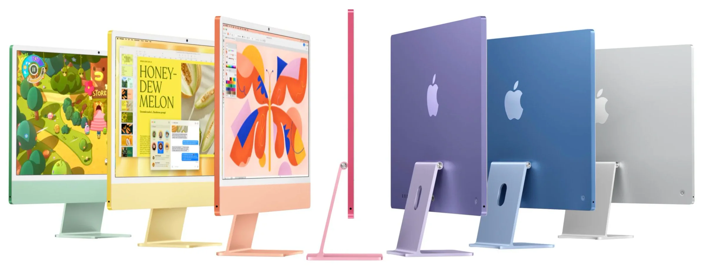 The M4 iMac shown from the front and back in its available colors
