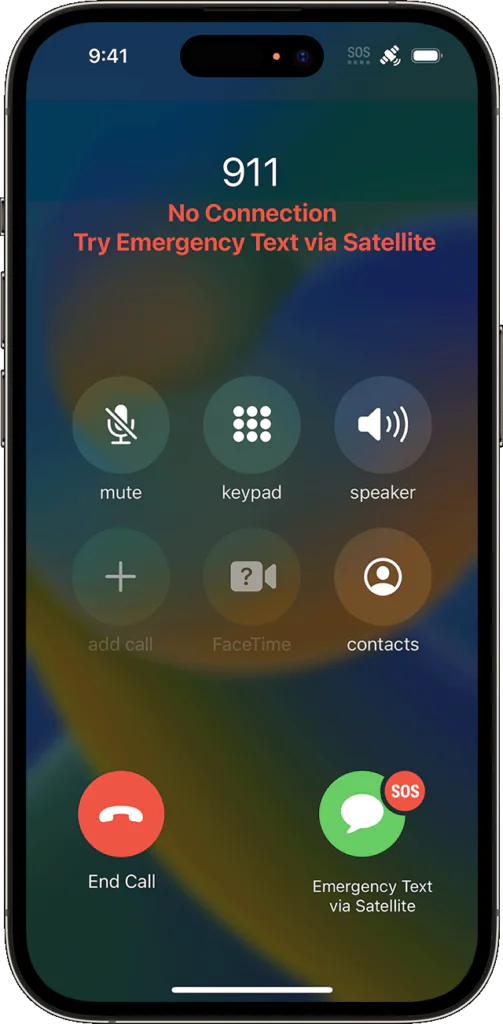 iPhone Emergency Call screen offering Emergency Text via Satellite