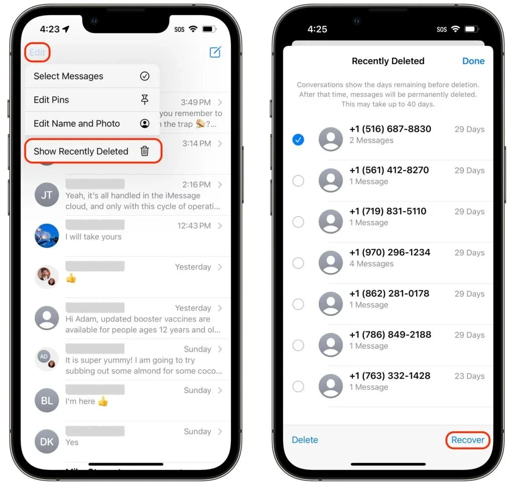 iPhone Messages screens showing Recently Deleted conversations