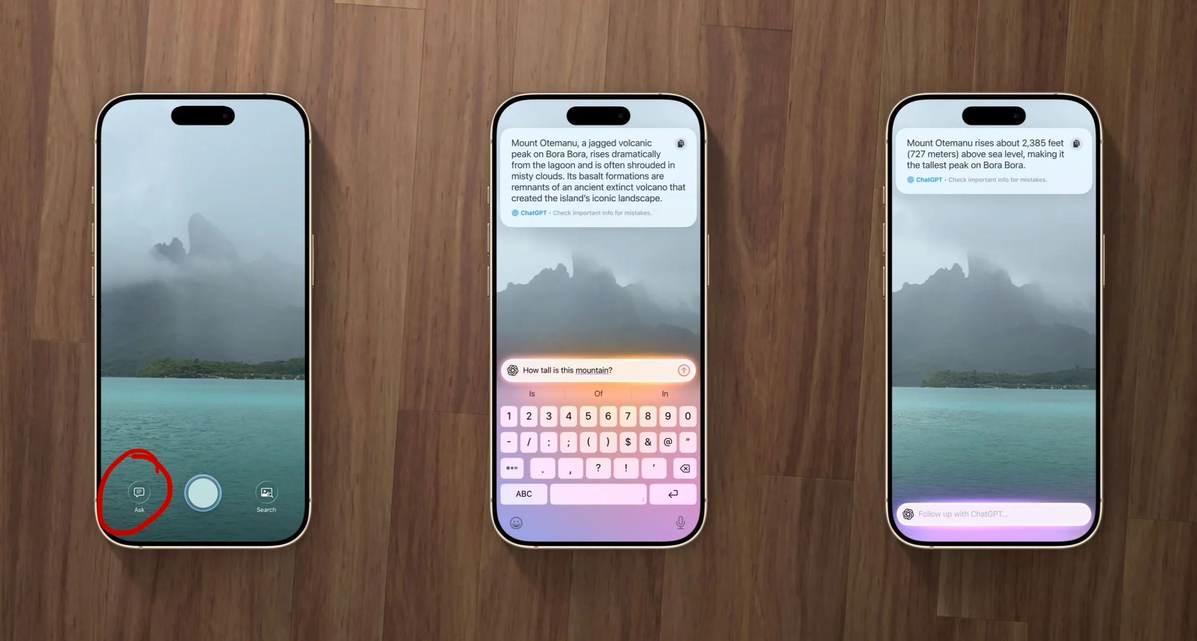 3 screenshots showing the location of the "ask" button and interactions with Visual Intelligence