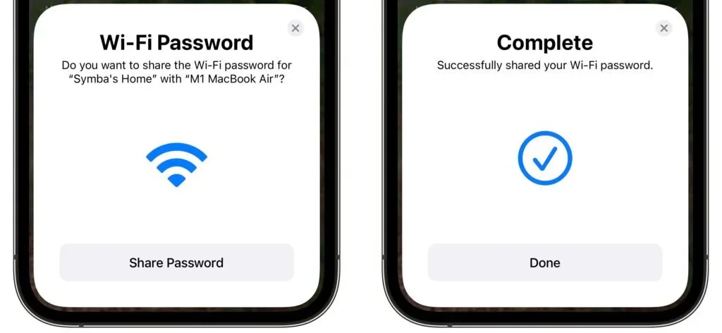 Two iPhone screens showing a Wi-Fi password being shared successfully
