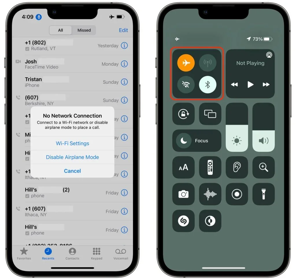 iPhone call screen showing No Network Connection beside Control Center