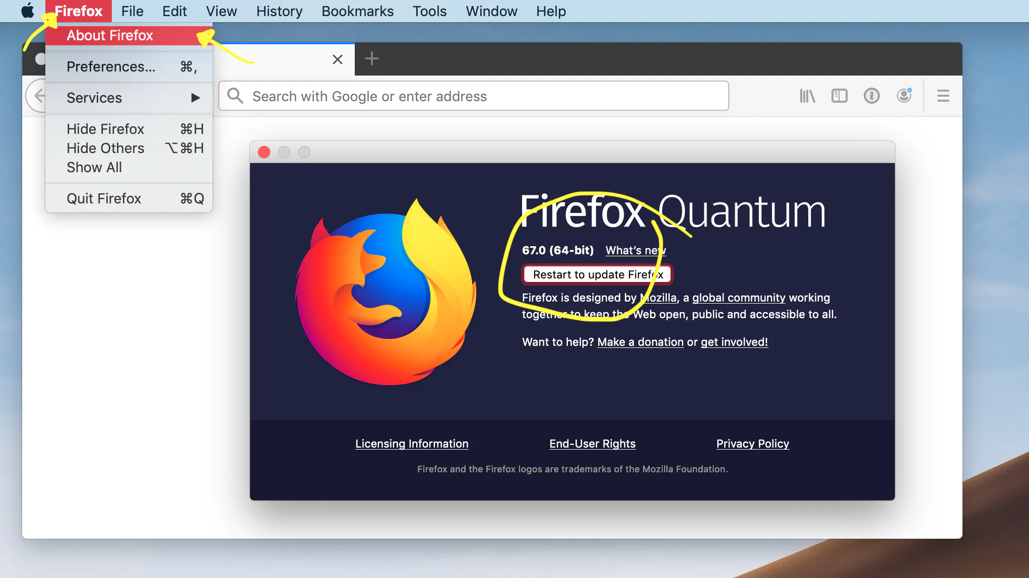 Firefox Quantum window with the browser update controls highlighted