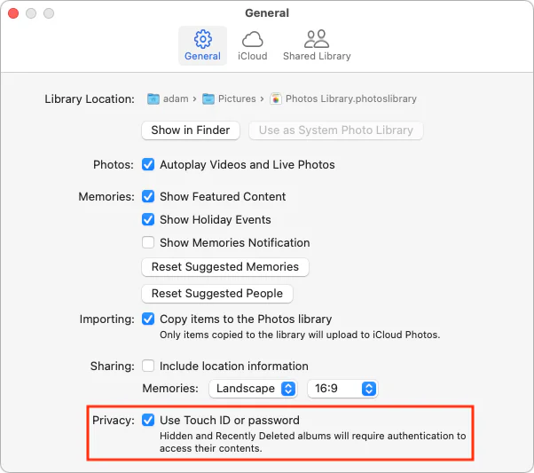 Mac Photos settings with Use Touch ID or password selected for the Hidden album