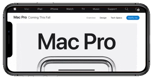 Animation of an iPhone quickly scrolling through a Mac Pro webpage by dragging the scroll bar