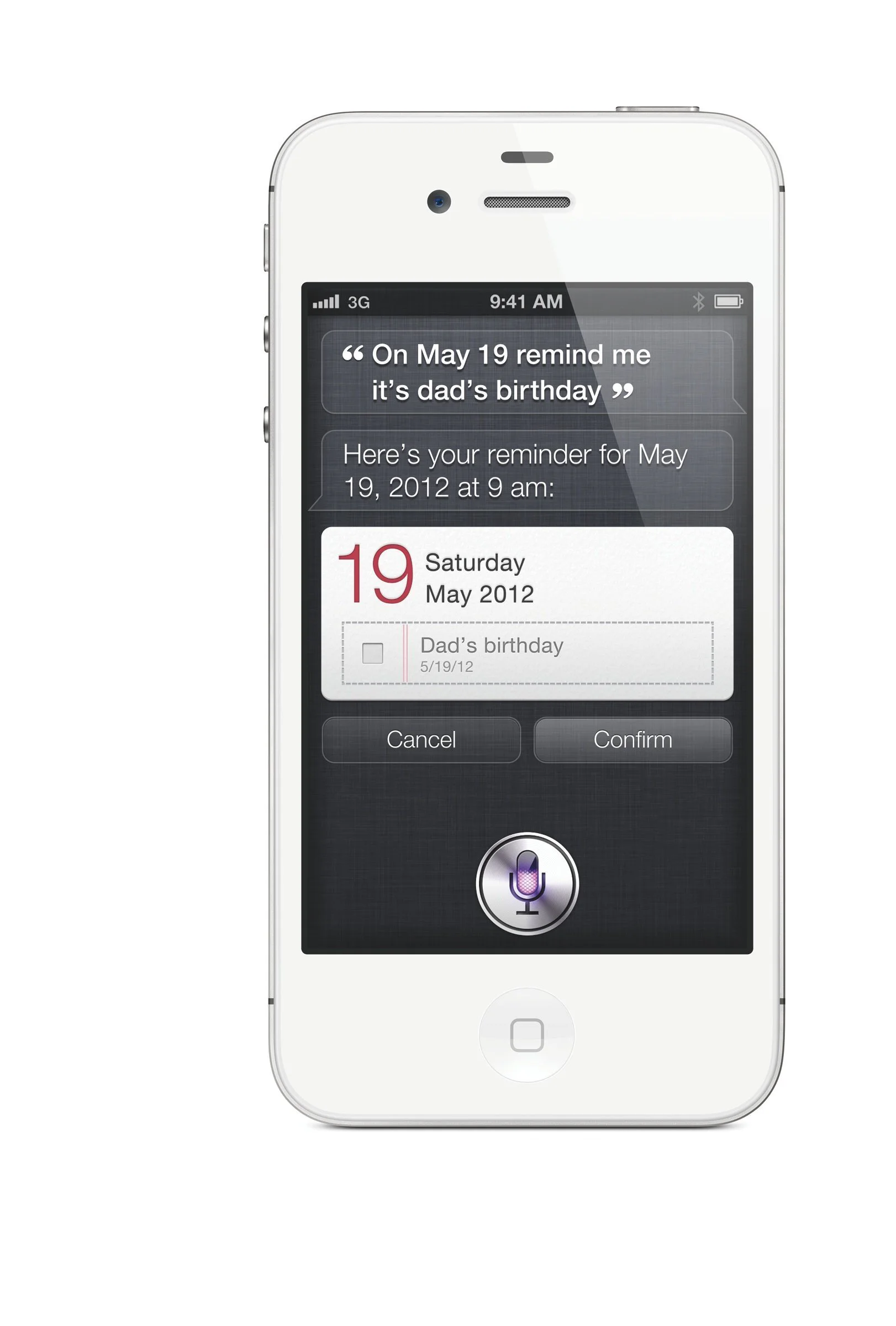 A white iPhone 4S showing Siri creating a reminder